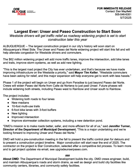 Construction to start soon press release